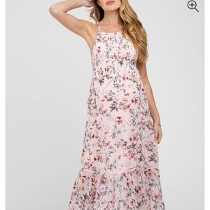 Pink floral chiffon smocked midi maternity dress